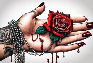 Feminine hand holding a rose with blood dripping down the hand from the thorns with 3 hanging rosary beads. tattoo idea