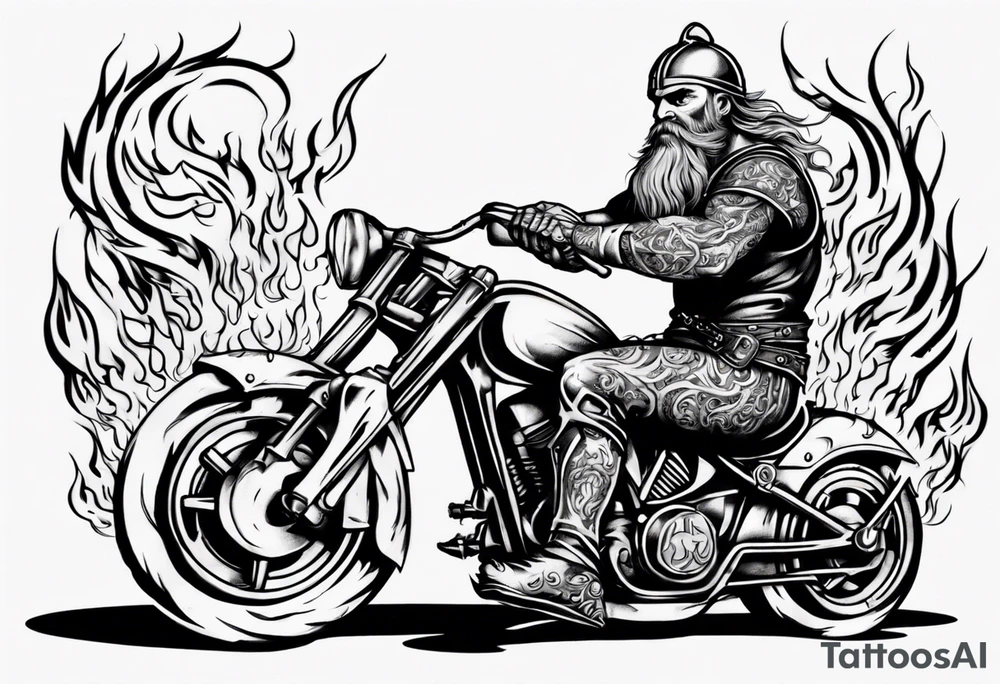 A viking riding a motorcycle with flames tattoo idea