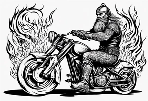 A viking riding a motorcycle with flames tattoo idea
