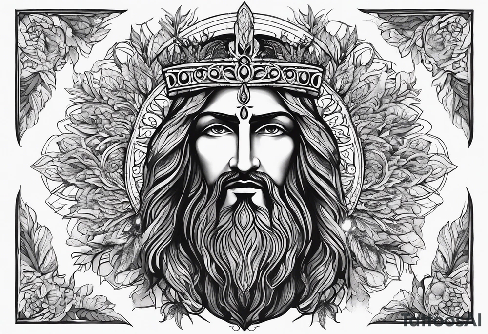 flat stern byzantine Christ with all-demanding eyes with a halo made of peacock feathers and pecan trees tattoo idea