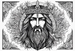 flat stern byzantine Christ with all-demanding eyes with a halo made of peacock feathers and pecan trees tattoo idea