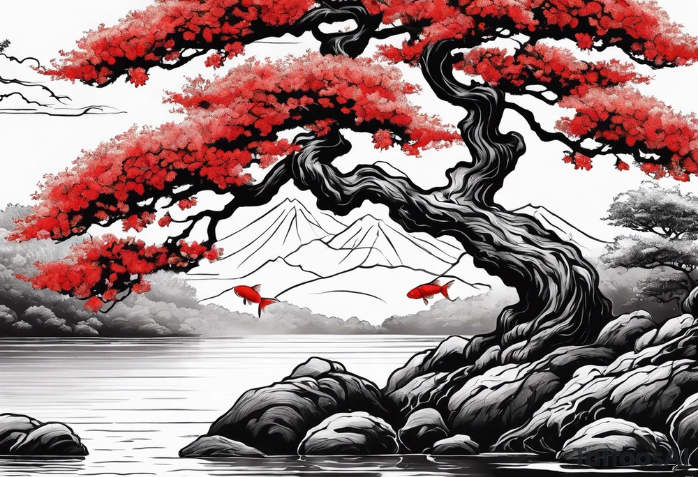 Red japanese oak tree next to a river with koi fish tattoo idea
