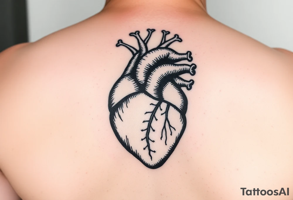 woodcut realistic human heart etching tattoo high detail anatomy with lines coming off of it like a nautical compass with lots of veins tattoo idea