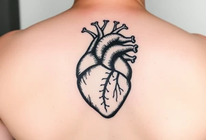woodcut realistic human heart etching tattoo high detail anatomy with lines coming off of it like a nautical compass with lots of veins tattoo idea