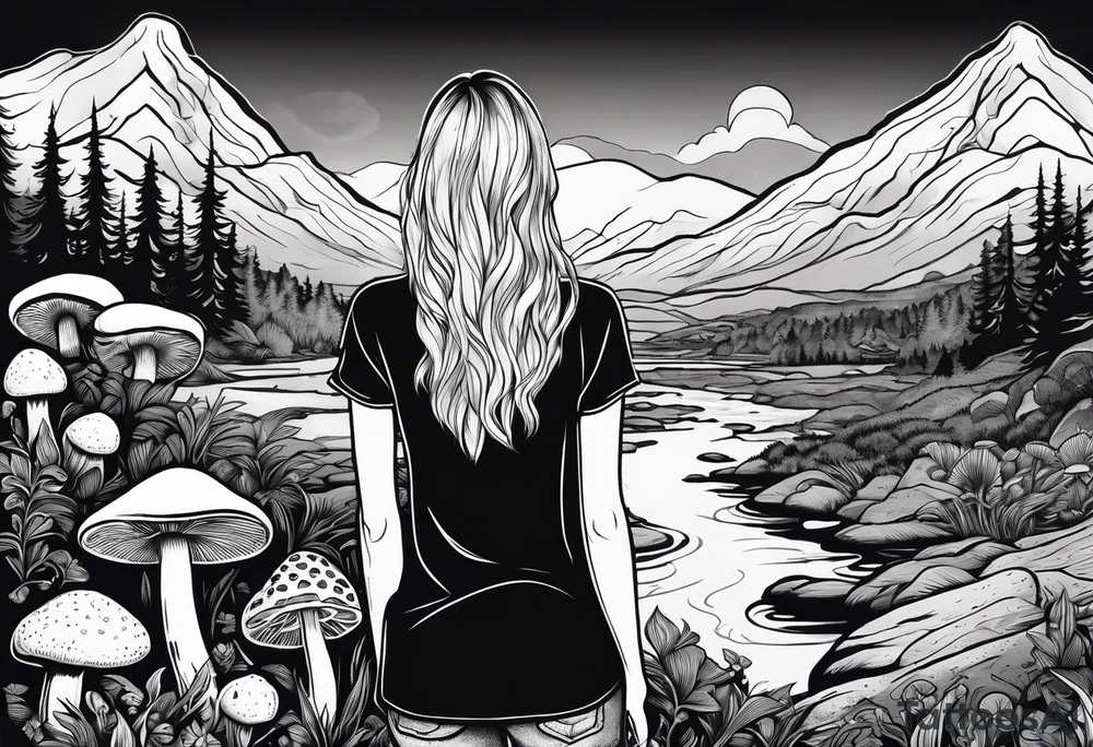 Straight long blonde hair hippie girl in distance holding mushrooms in hand facing away toward mountains and creek surrounded by mushrooms tee shirt and hiking pants tattoo idea