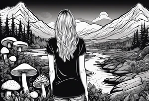 Straight long blonde hair hippie girl in distance holding mushrooms in hand facing away toward mountains and creek surrounded by mushrooms tee shirt and hiking pants tattoo idea
