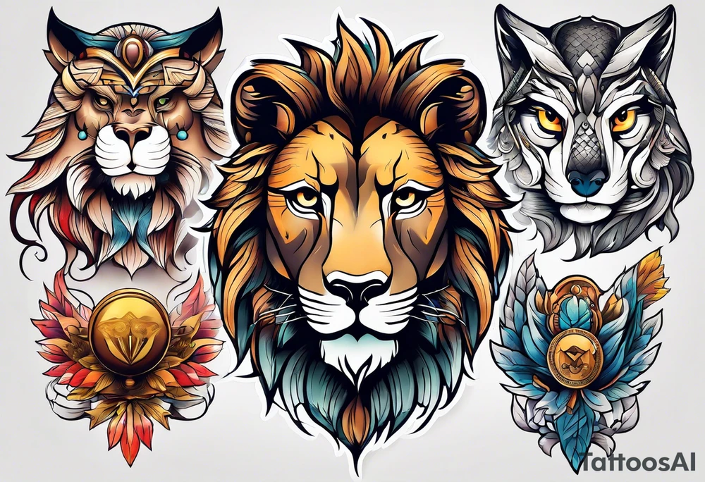 A lion, a Wolf and an owl. tattoo idea