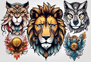 A lion, a Wolf and an owl. tattoo idea