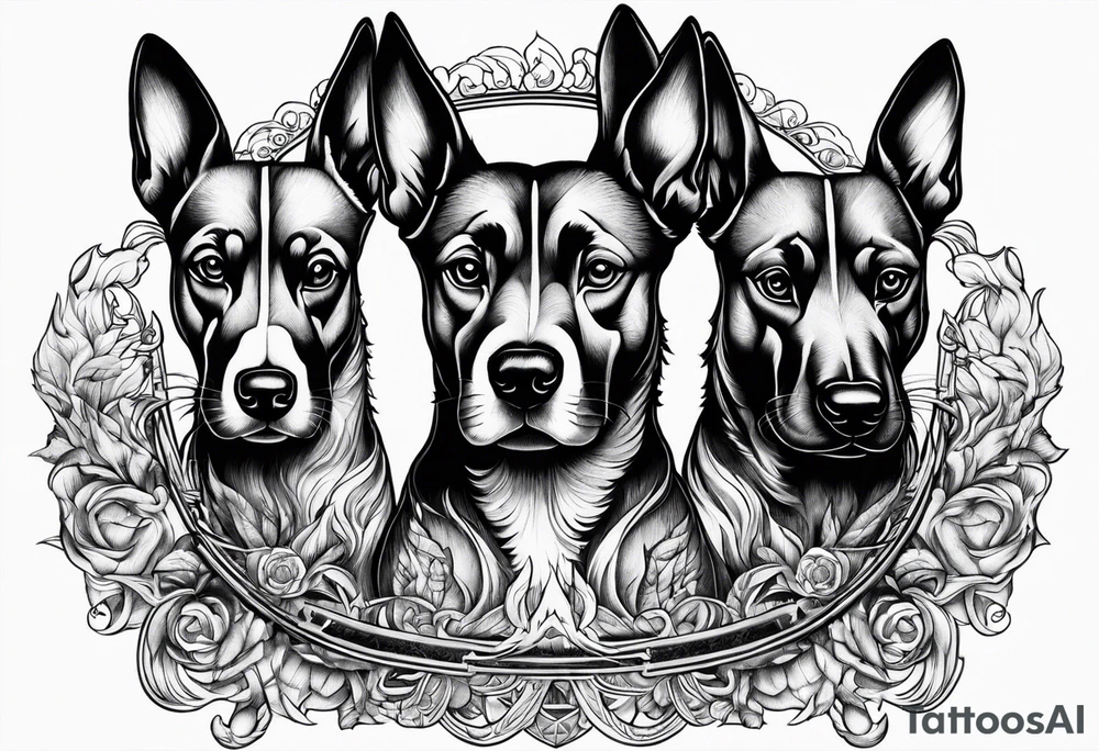 A three headed dog standing in fire with a black gate behind tattoo idea A three headed dog standing in fire with a black gate behind tattoo idea