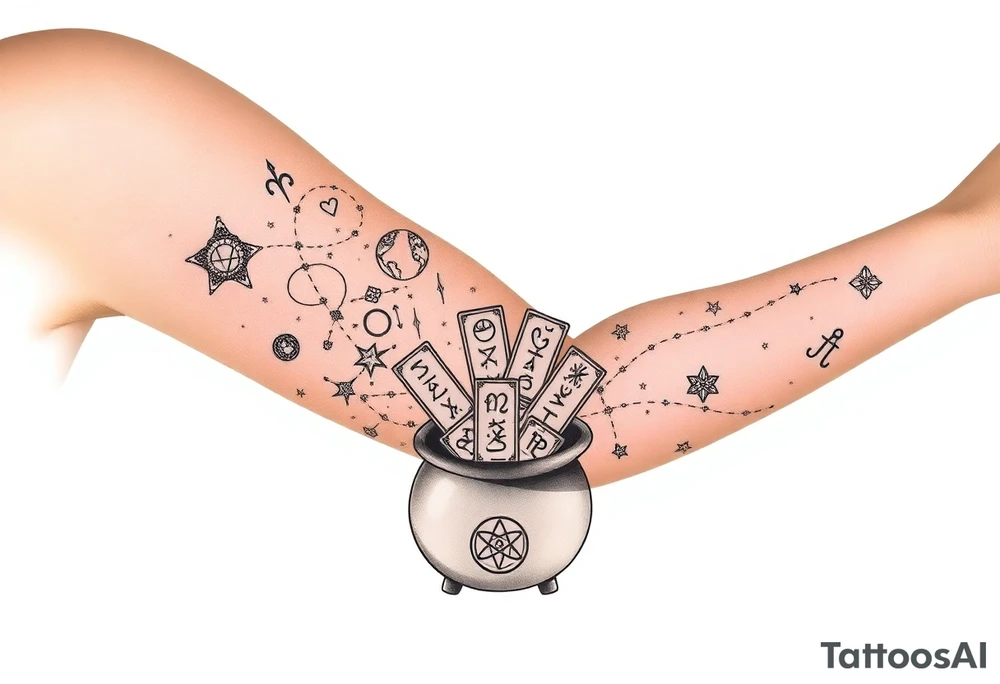 Milky way filled with zodiac symbols runes tarot cards coming out of a cauldron tattoo idea