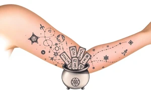 Milky way filled with zodiac symbols runes tarot cards coming out of a cauldron tattoo idea