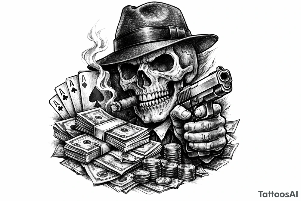 skull with gangster-hat,cigar in his mouth,a gun in a hand,playing cards,a lot of money. tattoo idea
