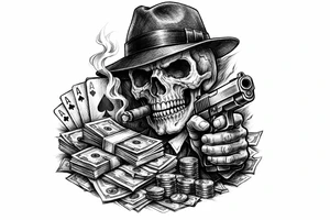 skull with gangster-hat,cigar in his mouth,a gun in a hand,playing cards,a lot of money. tattoo idea