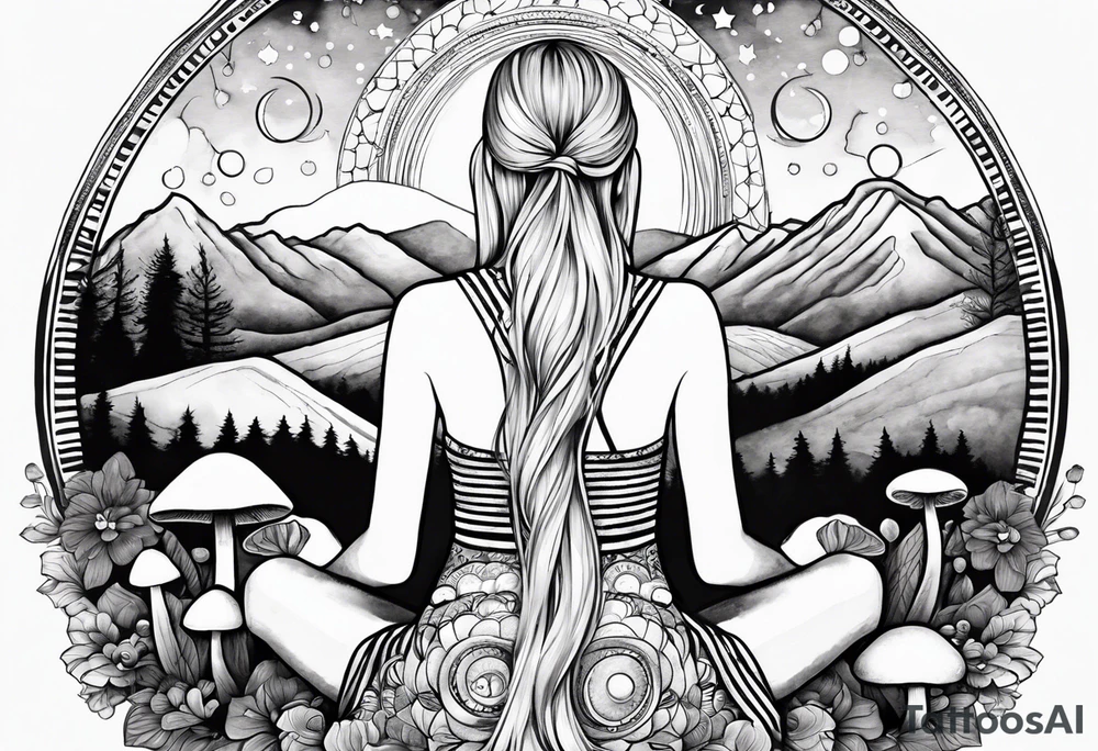 Straight blonde hair girl meditating facing away toward mountains surrounded by mushrooms crescent moon mandala circular design black and white striped dress tattoo idea