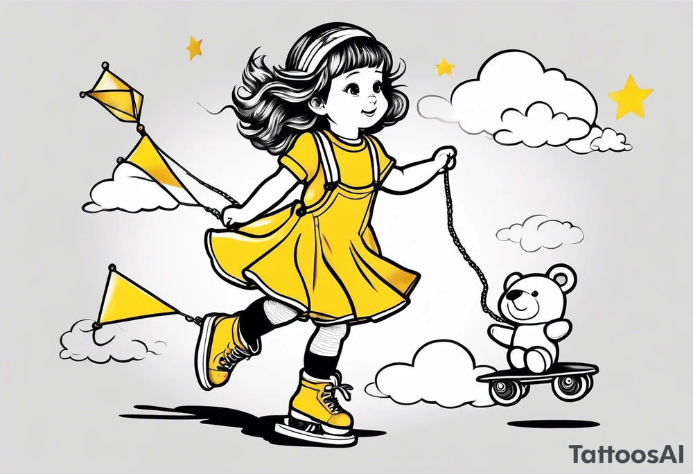 a little girl in a dress & a teddy bear in roller skates and yellow overalls, flying kites tattoo idea