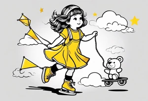 a little girl in a dress & a teddy bear in roller skates and yellow overalls, flying kites tattoo idea