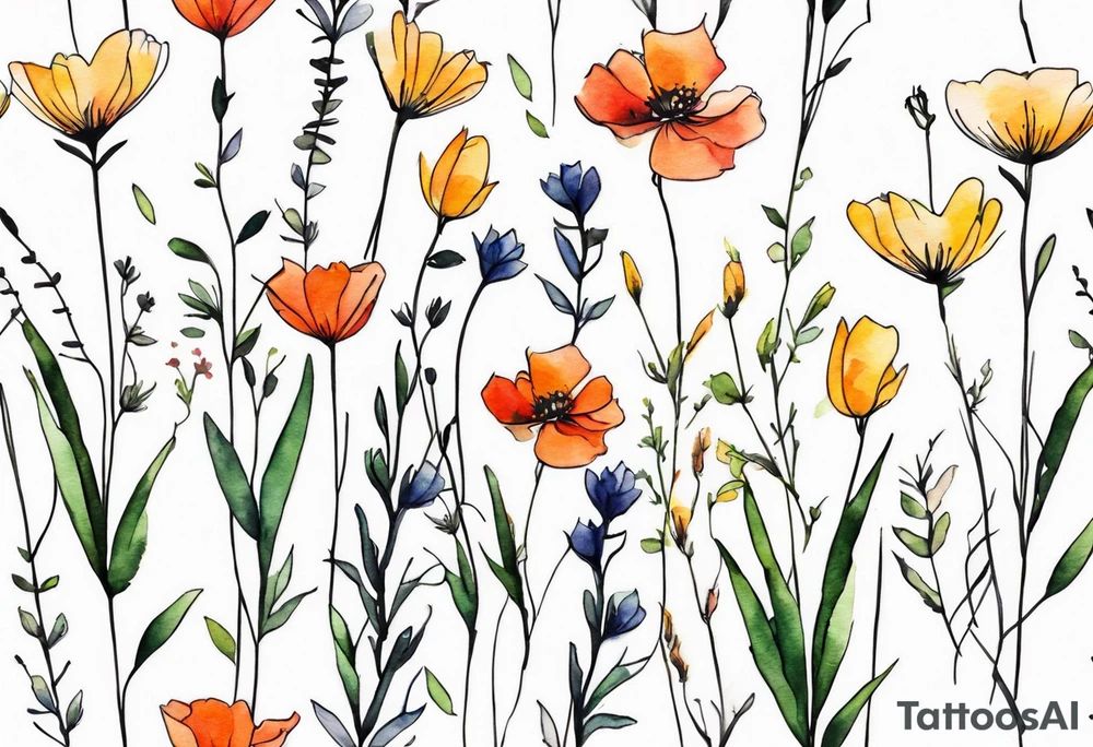 wild flowers long stems bouquet all watercolor tattoo idea