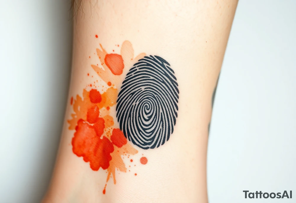 A negative space fingerprint on a watercolor background in warm sunset hues tattoo idea