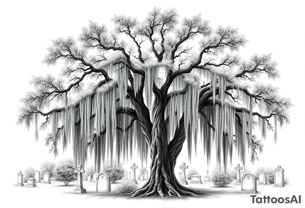 Laurel oak covered in Spanish moss in a cemetery tattoo idea