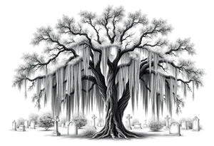 Laurel oak covered in Spanish moss in a cemetery tattoo idea