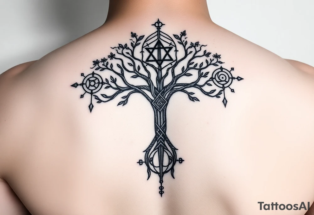 geometrical mystical tree of life with the star of David and cross cosmic roots and celestial symbols branches with HIV-positive symbol tattoo idea