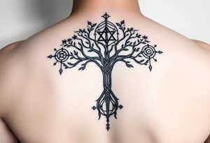 geometrical mystical tree of life with the star of David and cross cosmic roots and celestial symbols branches with HIV-positive symbol tattoo idea