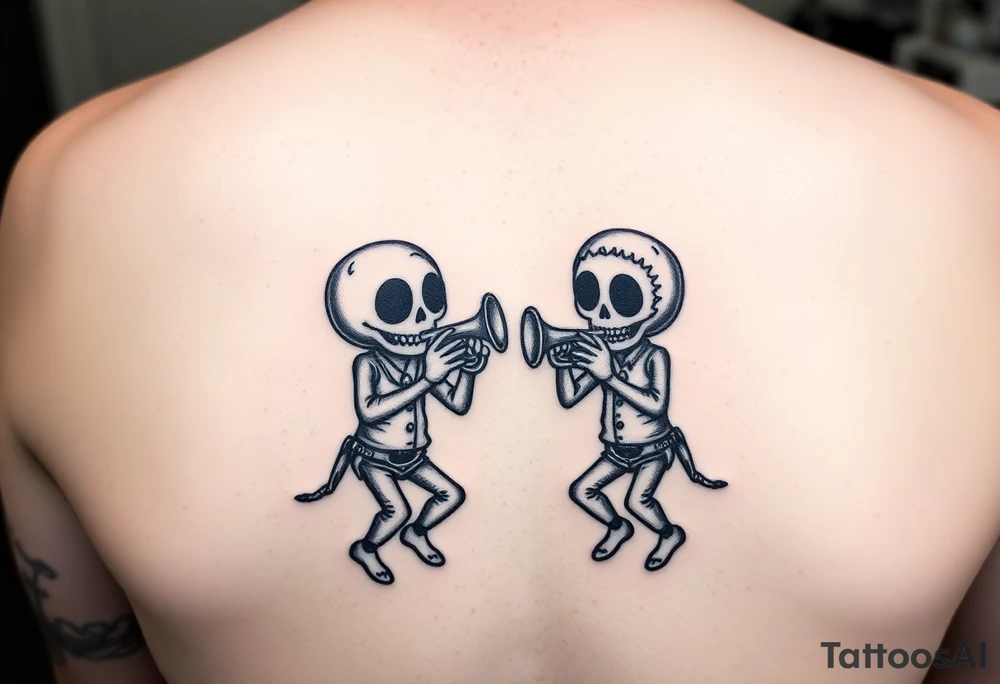 Two cartoon voodoo dolls playing music together with trombone and trumpet tattoo idea