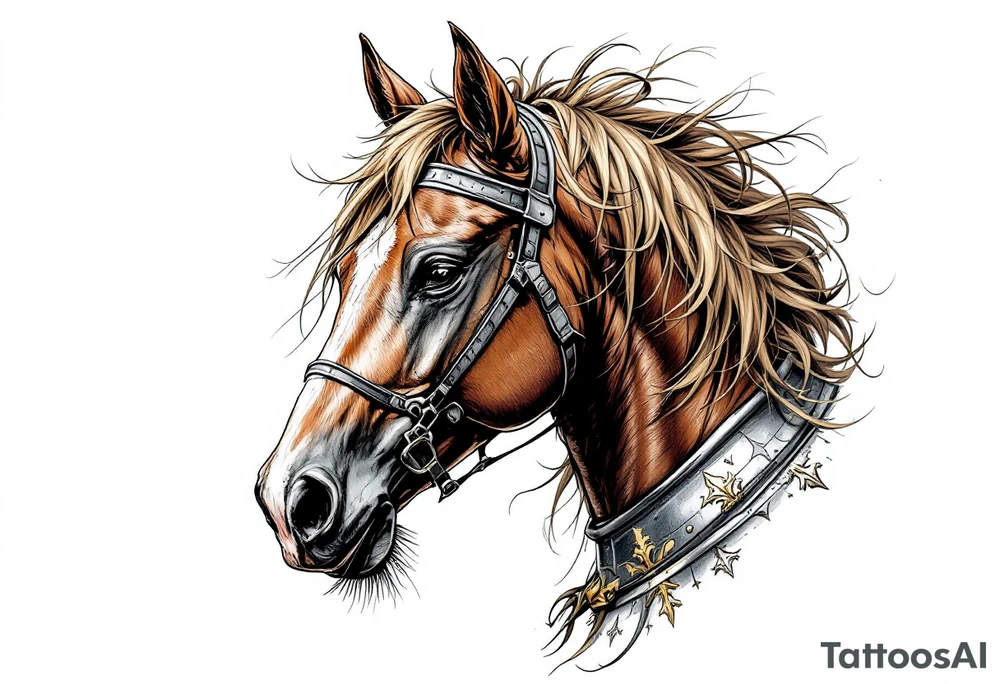 Warrior Horse with Armor – A strong bay horse head wearing light medieval armor, colored in rich browns with metallic silver and gold detailing. tattoo idea