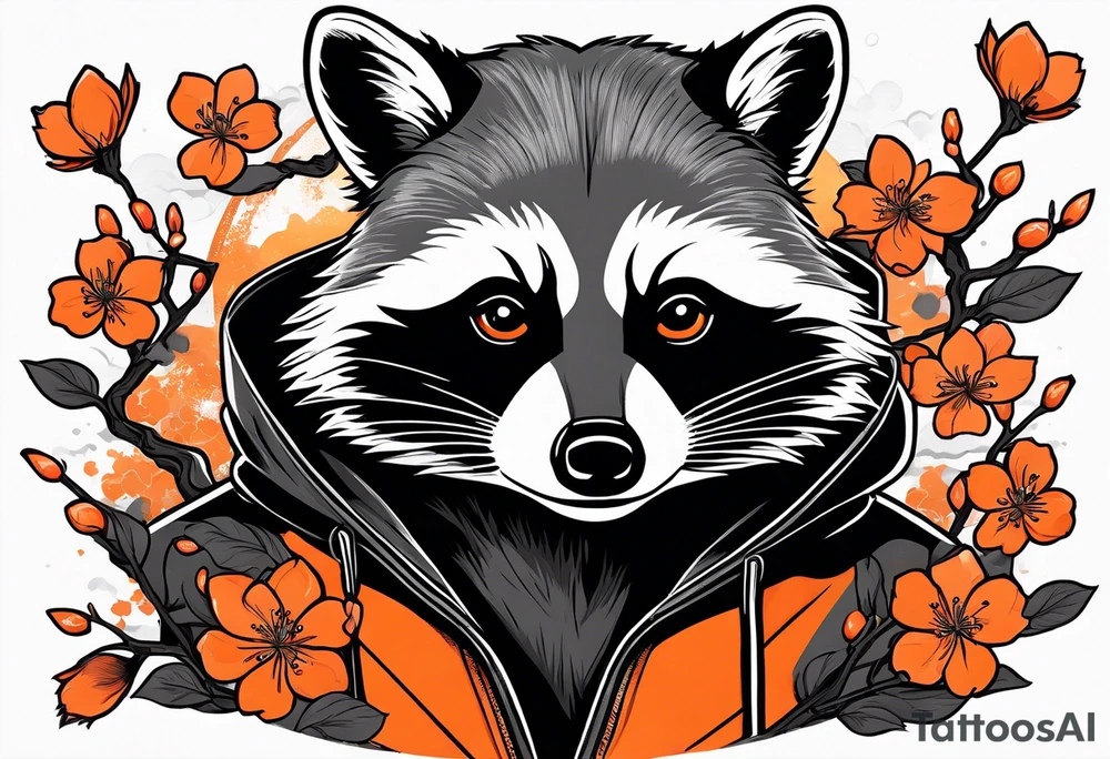 Raccoon wearing a white Superman logo on a black hoodie and orange Japanese cherry blossoms tattoo idea