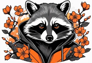 Raccoon wearing a white Superman logo on a black hoodie and orange Japanese cherry blossoms tattoo idea