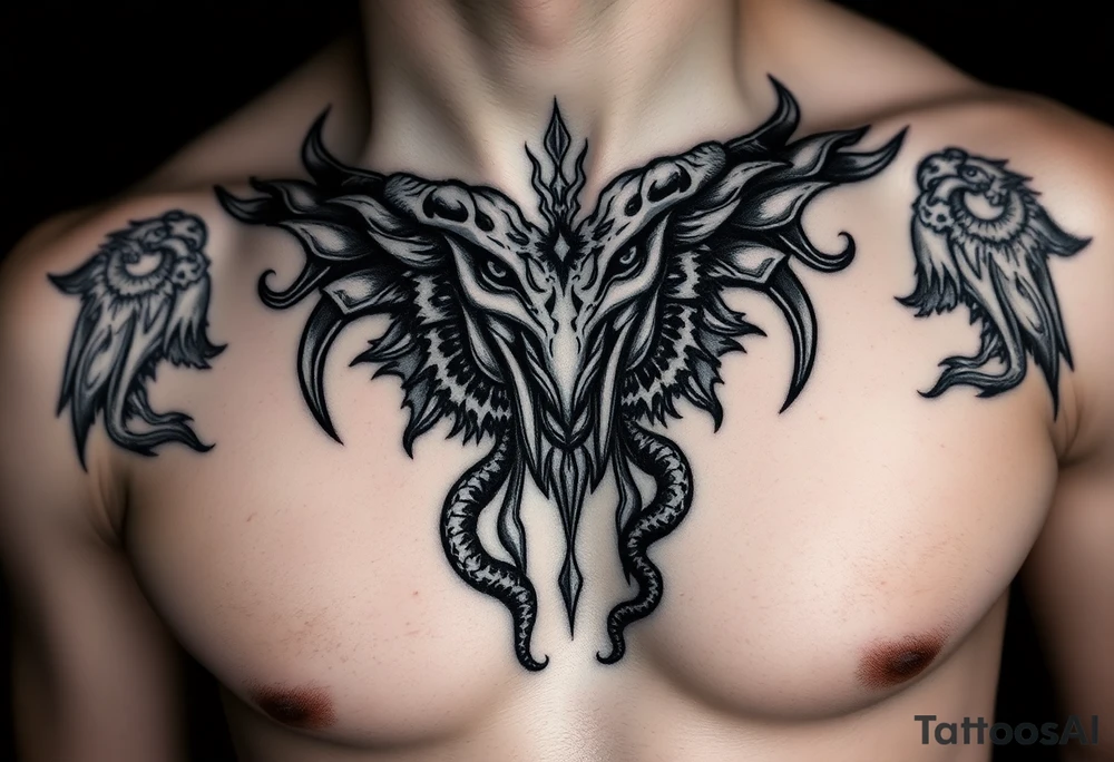 Inspirado en Caos, la entidad griega que existía antes de todo.

Diseño abstracto: torbellino oscuro con símbolos antiguos, rostros ocultos, ojos cerrados.

Al centro del pecho puede tener una grieta con luz negra o figuras serpenteantes. tattoo idea