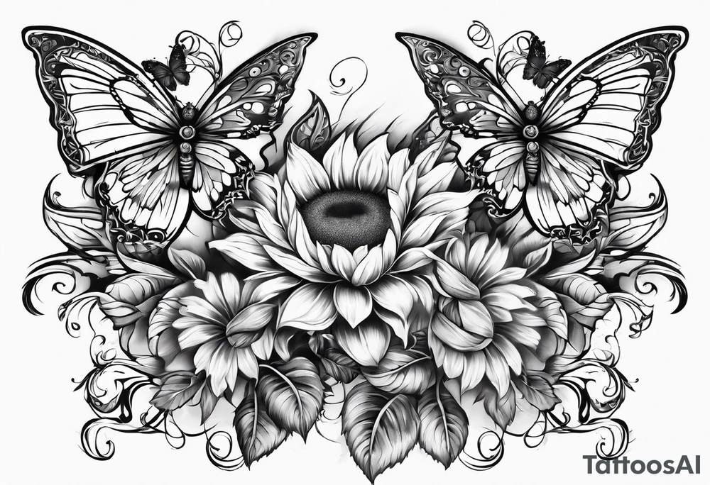 Winged cross with sunflower and butterflies tattoo idea