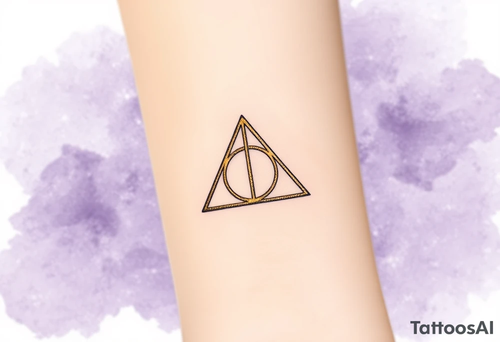 A delicate Deathly Hallows full symbol in thin gold lines, set against a soft watercolor galaxy background in shades of deep purple and midnight blue tattoo idea