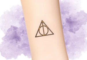A delicate Deathly Hallows full symbol in thin gold lines, set against a soft watercolor galaxy background in shades of deep purple and midnight blue tattoo idea