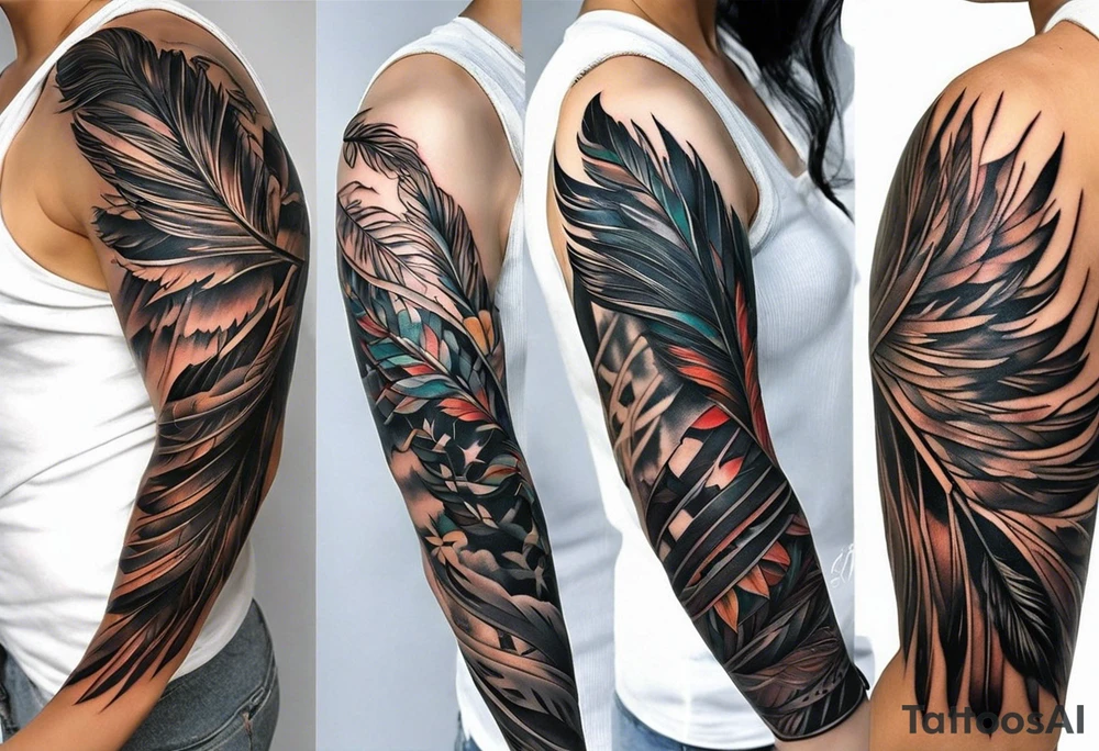 The tattoo begins on the left arm, at the elbow, where feathers are flying under the action of the wind towards the left hand. These feathers share the air space with branches that have leaves, and both elements move together up the left arm. As they approach the shoulder, some lightning appears between them. At this point, the feathers start to converge toward the left chest, where a vortex of energy reveals the head of an owl. The branches converge toward the left side of the back, passing over the shoulder. On the left side of the back, there is a dense, psychedelic element representing the energy of life's creation, with references to the earth, element, and planet. There is also a clay house in this area. tattoo idea