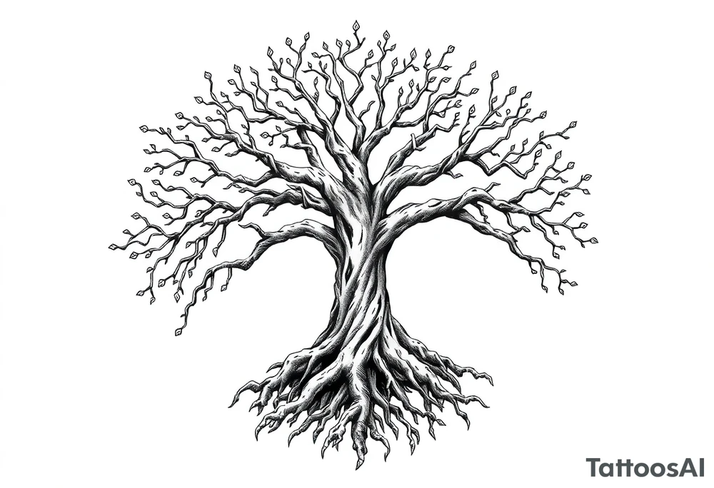 mystical tree of life with cosmic roots and celestial branches tattoo idea
