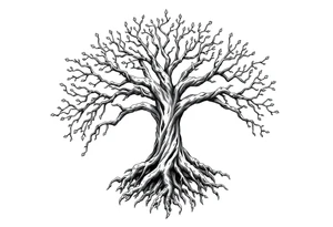 mystical tree of life with cosmic roots and celestial branches tattoo idea