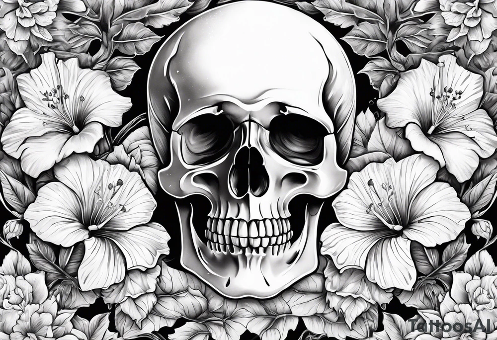 a female skeleton surrounded by hibiscus flower tattoo idea