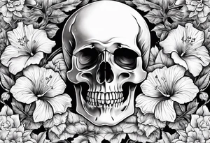 a female skeleton surrounded by hibiscus flower tattoo idea