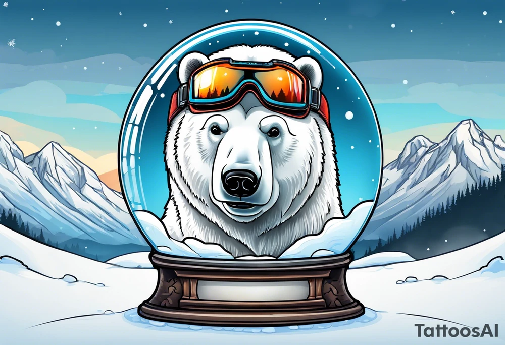 Polar bear wearing  goggles standing in front of a mountain inside a snow globe tattoo idea