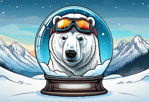 Polar bear wearing  goggles standing in front of a mountain inside a snow globe tattoo idea