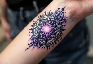 A full-circle sun in dark violet and black spirals symbolizes unity and eternity in Celtic lore. tattoo idea