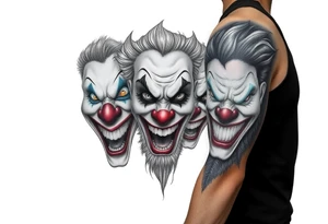 creative collage of each different emotion in different type of clown faces tattoo idea