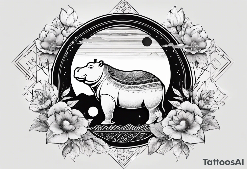 Very asymmetrical, +geometric pattern, with realistic full moon, with serious looking hippo, +zen feel, + Buddhism touch, +tribal, +geometric, +chinese inkart 
with wintersweet flower bud, +portrait orientation, +inkart touch, tattoo idea