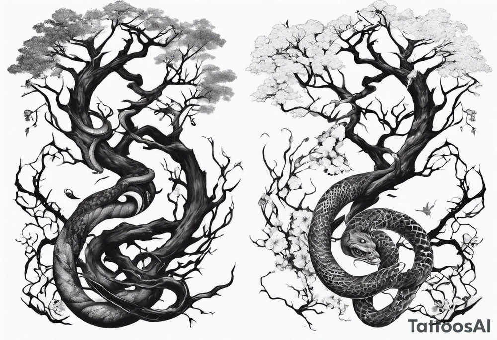 bare tree with a serpent below tattoo idea