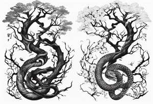 bare tree with a serpent below tattoo idea