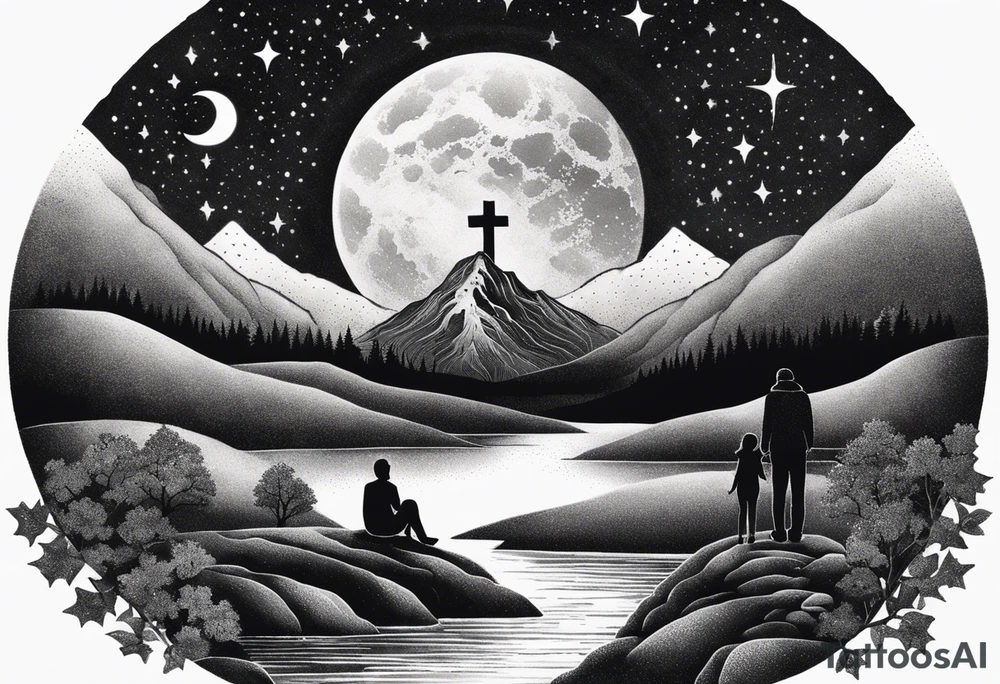 a family of three sitting in a nature with mountains, waterfall, water, and a cross in the background and and moon in the sky with stars tattoo idea