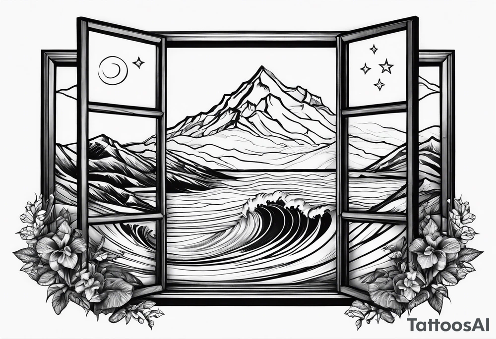 a dimaond windows with waves crashing on a mountain. 3 stars in the sky tattoo idea