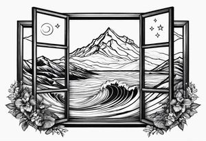 a dimaond windows with waves crashing on a mountain. 3 stars in the sky tattoo idea