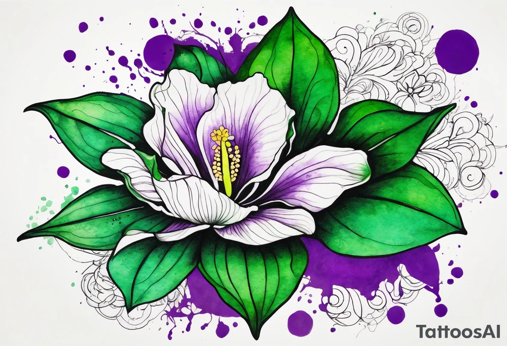 A mystical outline of a rio dipladenia flower with green/purple pedals and a green/purple watercolor splash in the background tattoo idea